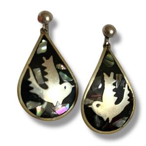 Alpaca Mexican Silver Abalone Teardrop Bird Inlay Earrings Vintage